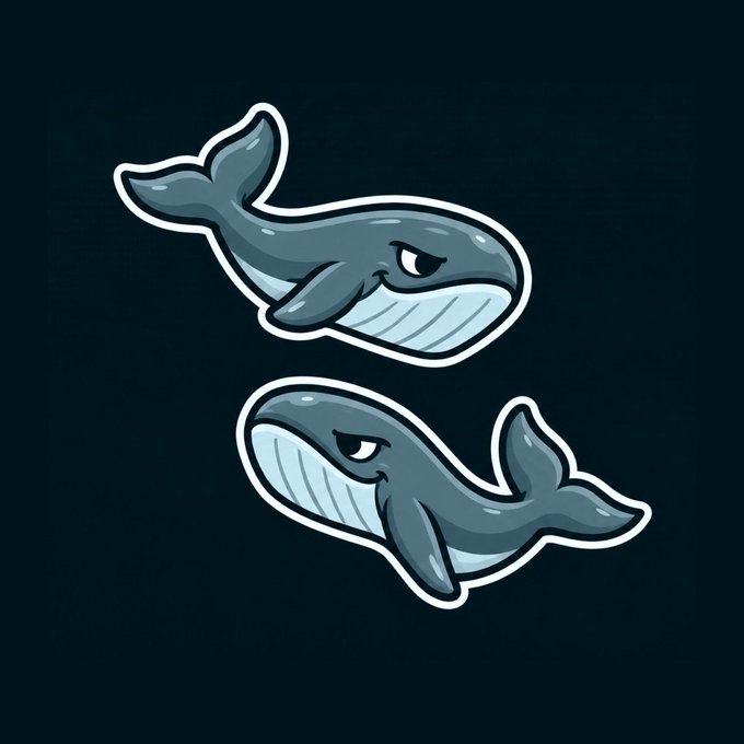 Two cartoon whale stickers with grumpy expressions, facing opposite directions against a dark background.