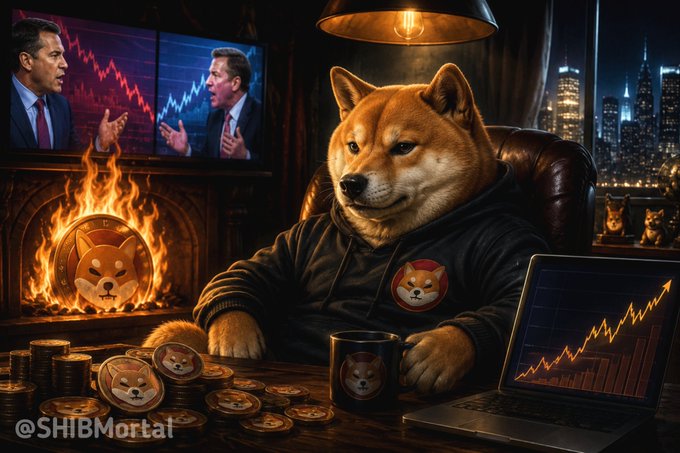 A Shiba Inu wearing a Shiba-branded hoodie sits at a desk as flames engulf a Shiba coin medallion, surrounded by Shiba-token coins, a mug, and a laptop displaying a rising chart, with a TV showing two men debating a dropping graph in the background—all set against a nighttime city skyline.

The image visually echoes the caption's message of buying during despair: while the TV shows experts debating a downward crash, the calm Shiba investor steadily accumulates during the "fire," confident in the coin's future rise.