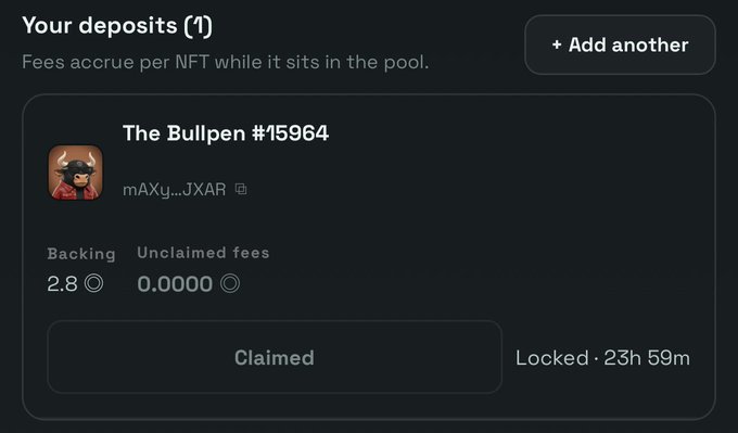 A dark-themed dashboard interface titled 'Your deposits (1)' showing an NFT called 'The Bullpen #15964' on contract mAXy...JXAR, with 2.8 Backing, 0.0000 Unclaimed fees, marked Claimed and Locked with 23h 59m remaining.
