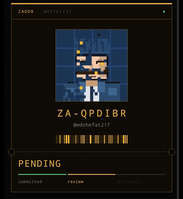 A digital 'ZADDR WHITELIST' application card displays a pixel art character, the code 'ZA-QPDIBR', the username '@mdshefat217', a barcode, and a 'PENDING' status with a progress bar indicating the application is under review.