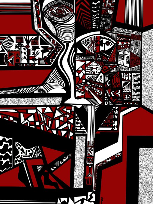 A detailed abstract black, white, and red artwork featuring geometric shapes, patterns, and stylized eye motifs.