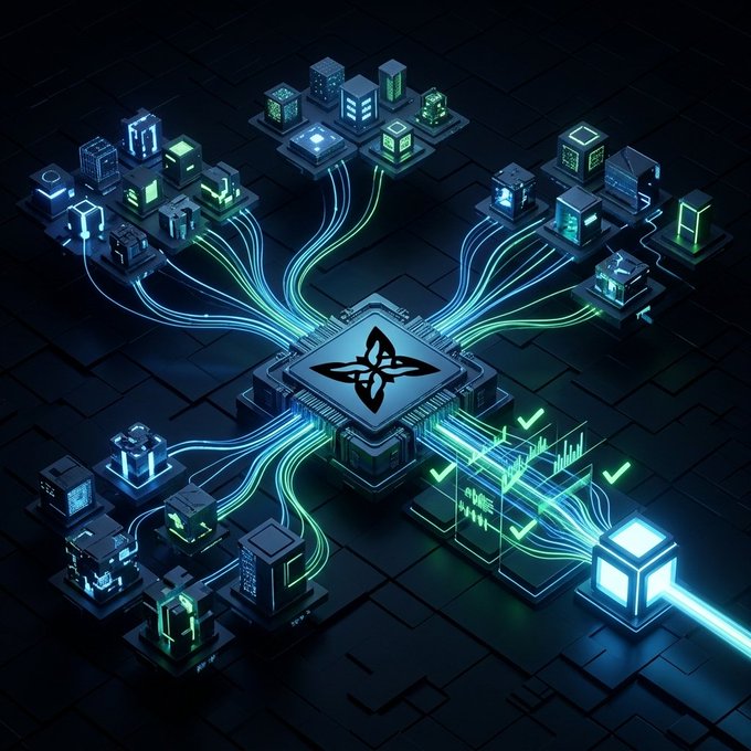 A futuristic isometric illustration of a glowing central circuit hub connected to various server nodes and data streams.
