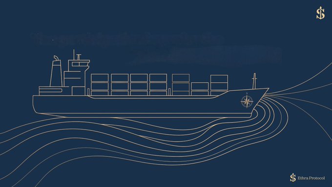 A minimalist line-art illustration of a container ship sailing through stylized waves, set against a navy blue background with the "Sithra Protocol" logo (an "S$" symbol) in the top-right corner and bottom-right watermark.

The image visually reinforces the post's theme by depicting the massive scale of global shipping and maritime logistics that most people overlook—echoing the caption's point that container vessels are the unseen backbone of international trade, much like how the Sithra Protocol operates quietly in the background.