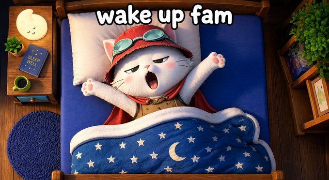 A whimsical illustration of a cat wearing a red cap and goggles yawning while stretching in bed under a starry blanket, with the text 'wake up fam' overhead.