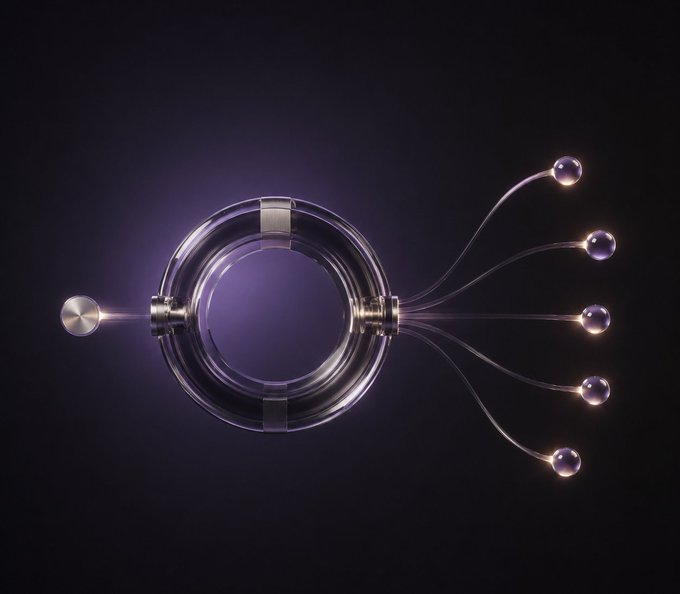 A stylized 3D rendering features a glowing purple glass sphere with metallic accents, connected to branching wires tipped with illuminated nodes, set against a dark background.