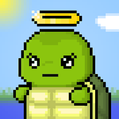 Pixel art illustration of a green Pepe-style frog character with an angel halo, muscular arms crossed, set against a blue sky with clouds.
