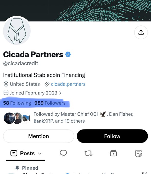 A screenshot of the Cicada Partners (@cicadacredit) Twitter/X profile, described as an "Institutional Stablecoin Financing" company based in the United States, joined in February 2023, showing 58 Following and 989 Followers. The image supports the accompanying post's observation about the account's modest follower count, prompting speculation about the company's identity and its role as a loan broker in an upcoming XRP Ledger lending protocol.