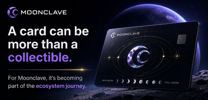 A promotional image for Moonclave featuring a black card with a crescent moon design and lunar phase progression from "New Moon" to "Full Moon," set against a cosmic backdrop with Earth visible. The text reads "A card can be more than a collectible," with the tagline "For Moonclave, it's becoming part of the ecosystem journey."