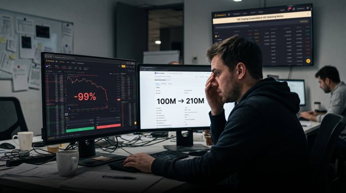 A worried-looking man staring at dual monitors in a dark office, with one screen showing a dramatic -99% decline chart and the other displaying an interface labeled '100M → 210M' alongside cryptocurrency tracking data.