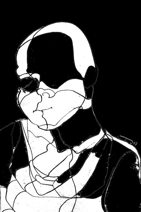 A high-contrast black and white sketch of a bald figure wearing sunglasses and a jacket.