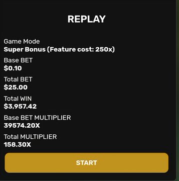 A screenshot of a betting interface showing a 'REPLAY' of 'Super Bonus (Feature cost: 250x)' with stats including Base BET $0.10, Total BET $25.00, Total WIN $3,957.42, and a yellow 'START' button.