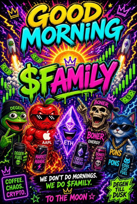 A vibrant, chaotic graphic reads 'GOOD MORNING $FAMILY' at the top and 'WE DON'T DO MORNINGS. WE DO $FAMILY.' at the bottom, featuring cartoon characters labeled 'DEGEN', 'AAPL', 'ETH', 'BONER', and 'PONS' holding energy drinks against a background of rockets and stock charts.