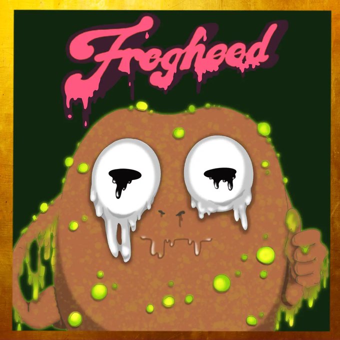 A cartoon zombie-like creature with dripping white eyes and green pustules, with the dripping pink graffiti-style text 'Frogheed' above it on a dark green background.