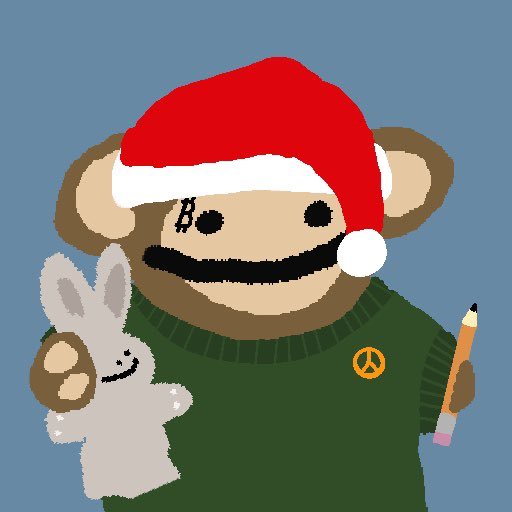 A digital illustration of a bear character wearing a red Santa hat and green shirt, holding a rabbit puppet and an eraser shaped like a pencil.