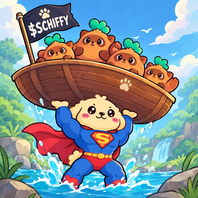 A cartoon illustration of a dog-like character in a Superman costume lifting a boat filled with smaller bear characters, with a flag reading '$SCHIFFY' (referencing XRP/SCHIFFY token meme).