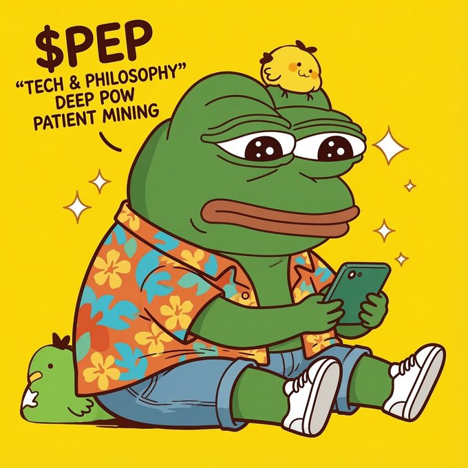 A cartoon Pepe the Frog wearing a Hawaiian shirt and jeans sits against a yellow background holding a phone, with the text '$PEP "TECH & PHILOSOPHY" DEEP POW PATIENT MINING' and a small yellow chick on his head.