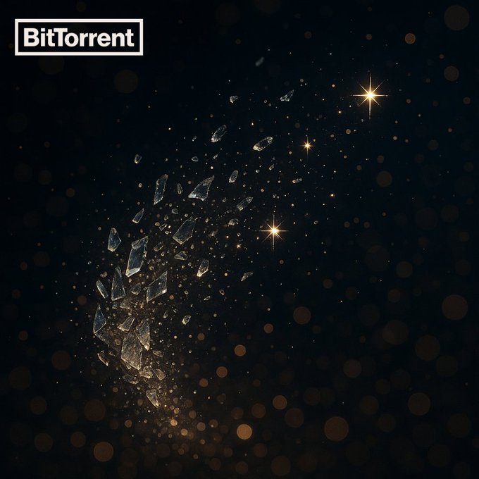 The image features a black background with scattered gold stars against a dark sky. The stars are positioned at various points across the frame, creating an impression of fragmentation or breaking apart. This visual effect can be compared to the fragmentation of information on the internet due to the rise of BitTorrent technology. The image serves as a metaphor for how the best technologies often become invisible because they have become such an integral part of daily life that people no longer think about them, and their impact is now widely recognized.
