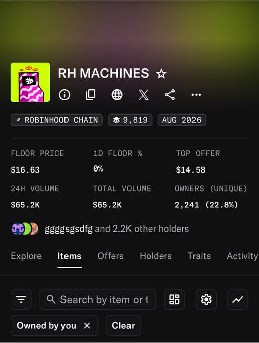 Cryptocurrency/NFT tracker screen displaying the 'RH MACHINES' collection on the Robinhood Chain with a floor price of $16.63, 24H volume of $65.2K, and 2,241 unique owners.