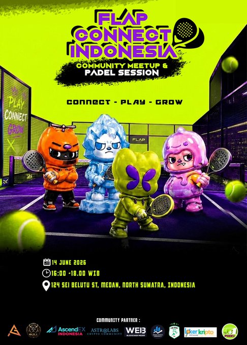 The image features a poster advertising an event called "FLAP Connect Indonesia" that takes place from June 14th to June 20th, 2016 at the community center in North Sumatra, Indonesia. The poster includes information about the event's location, date, time, and the types of activities available for attendees. There are four small figurines representing different tennis players on a tennis court, with each figurine holding a tennis racket. These figurines are positioned around the edges of the poster, adding to its visual appeal and drawing attention to the event details.