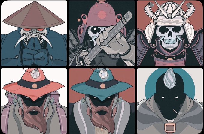 A grid of six illustrated character portraits featuring various stylized figures including a blue goblin-like creature in a conical hat, a skeletal samurai, a skull warrior in armor, two wizards with pointed hats, and a shadowy figure with white hair.