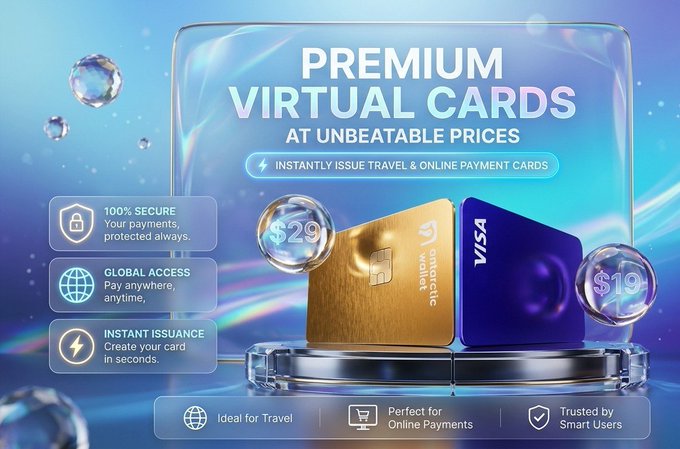 A promotional banner for Premium Virtual Cards priced at $29 and $19, advertising instant issuance for travel and online payments with features like 100% secure payments and global access.