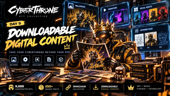 A promotional graphic for 'CYBERTHRONE NFT COLLECTION' advertising downloadable digital content including wallpapers, animations, social assets, and artwork files, noting 8,888 handcrafted NFTs and 250+ unique traits.