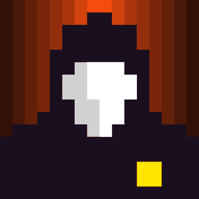 A simple pixel art image showing a white cross-shaped figure against a dark background with brown curtains at the top and a small yellow square in the lower right.