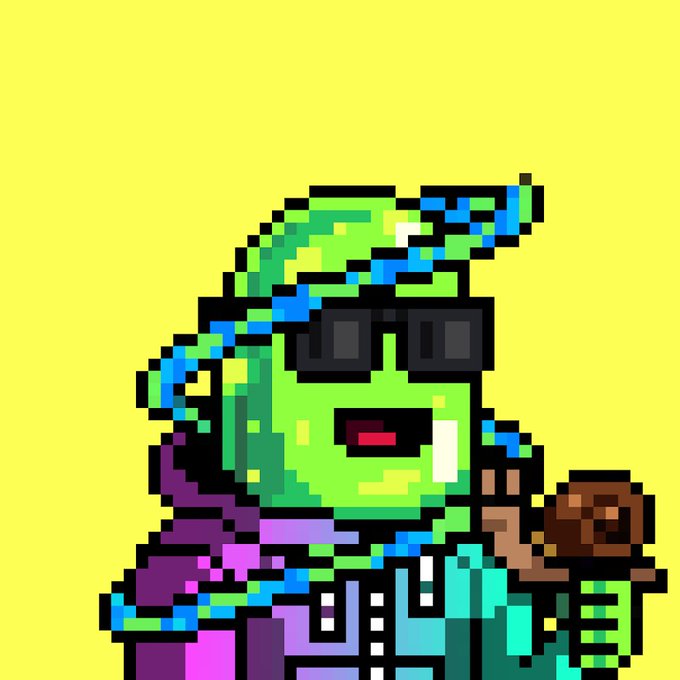 Pixel art of a green-skinned character wearing goggles and a patterned jacket against a bright yellow background.