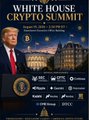 The image is a promotional poster for the "White House Crypto Summit," featuring Trump alongside logos of major financial and crypto companies including SEC, CFTC, Coinbase, Robinhood, Kraken, Ripple, Chainlink, Nasdaq, and ICE, all gathered under the slogan "Let America Win!"—visually illustrating the post's claim that Trump assembled a powerful lineup of regulators and industry giants at the summit to discuss crypto policy.