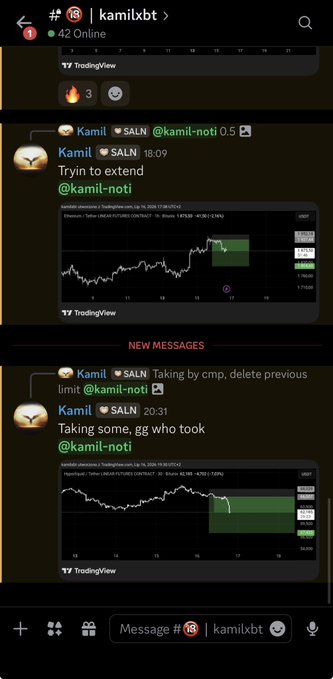 A Telegram chat with user 'kamilxbt' showing messages in the 'kamil-noti' channel discussing TradingView charts and price actions for Bitcoin.