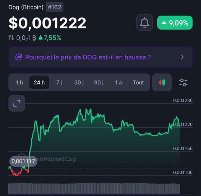 A 24-hour price chart of Dogecoin ($DOG) showing a current value of $0.001222 with a 9.09% gain, having rebounded sharply from a low of $0.001117 toward the all-time high range near $0.001280, supporting the post's suggestion that $DOG is heading back toward its ATH.