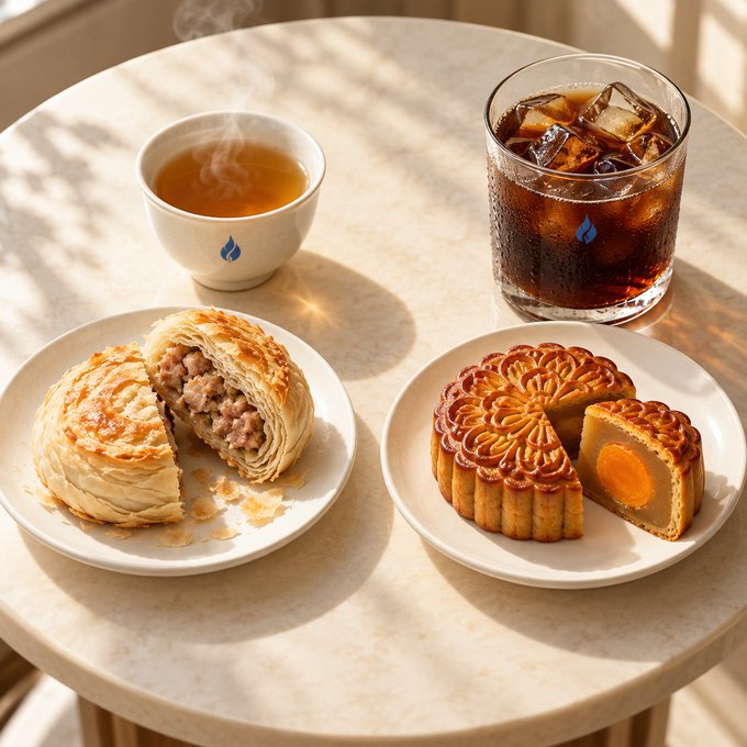 A table setting displays a hot cup of tea, an iced dark beverage in a glass, and two plates of mooncakes, including a sliced one with a yellow filling.