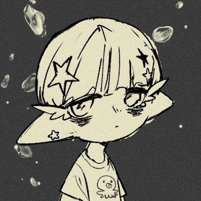A black and white illustration of a small, anime-style character with elf-like ears, star designs in their hair, and an angry expression, floating in water droplets against a dark background.