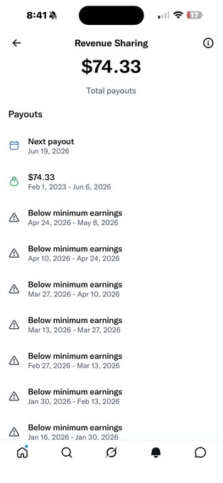 The image shows a phone screen displaying a list of numbers, likely representing the total amount of money received from a recent sharing activity. The text "Revenue Sharing" can be seen at the top left corner of the screen, indicating that the user has recently shared something and is now waiting to receive their payment. The numbers on the screen are $74.33, which represents the total amount of money received by the user.