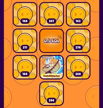 A game interface showing a grid of yellow coin icons with point values (166, 267, 162, 211, 278, 166, 268, 294) around a central 'O.B.SOL' power-up displaying +25 Power.