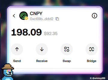 The image shows an OKX wallet interface displaying a CNPY token balance of 198.09 (valued at $92.35) with options to Send, Receive, Swap, and Bridge, supporting the post's promotion of the OKX BoostXCanopy $CNPY trading reward claim.
