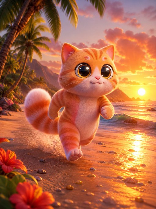 The image features an orange cat running along the edge of a beach, with the setting sun casting a warm glow over the scene. The cat appears to be chasing the sunset energy, creating a sense of movement and excitement. The caption suggests that this is a fun and energetic way to spend time at the beach during golden hour.