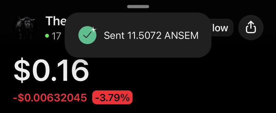 A cryptocurrency tracker screenshot shows a token named "The...llow" (likely "The Yellow Fellow") with a bull avatar, priced at $0.16 (-3.79%), alongside a confirmation notification that 11.5072 $ANSEM tokens have been sent, illustrating the user's ongoing distribution of ANSEM tokens.