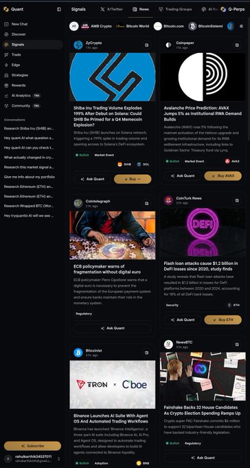 A screenshot of a 'Quant' crypto analytics platform showing news feeds and market signals for tokens like AMM Crypto, BitcoinWorld, Coingape, CoinTurk News, and NewBTC.