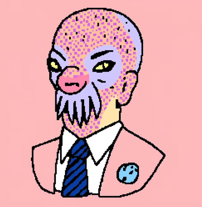 Pixel art illustration of a bald, bearded man in a pink suit with a blue striped tie and an Earth lapel pin, set against a pink background with a halftone dot pattern.