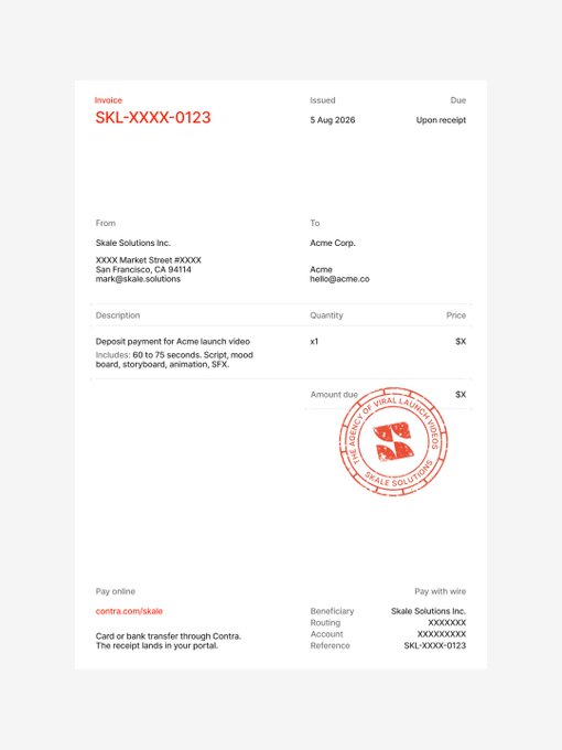 A digital invoice template from Skale Solutions Inc. to Acme Corp. (Invoice SKL-XXXX-0123, issued 5 Aug 2026) for a deposit payment on a launch video, featuring a red official seal stamp.