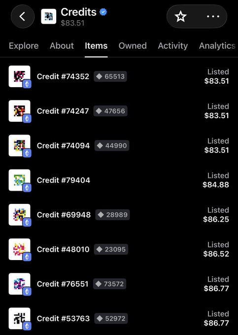 A screenshot from OpenSea showing the "Credits" NFT collection by jackbutcher, displaying eight items with prices ranging from $83.51 to $86.77, including Credit #74352, #74247, #74094, #79404, #69948, #48010, #76551, and #53763. The interface confirms the collection's strong market presence and well-executed mint experience highlighted in the post, with a notable $83.51 floor price visible in the header.