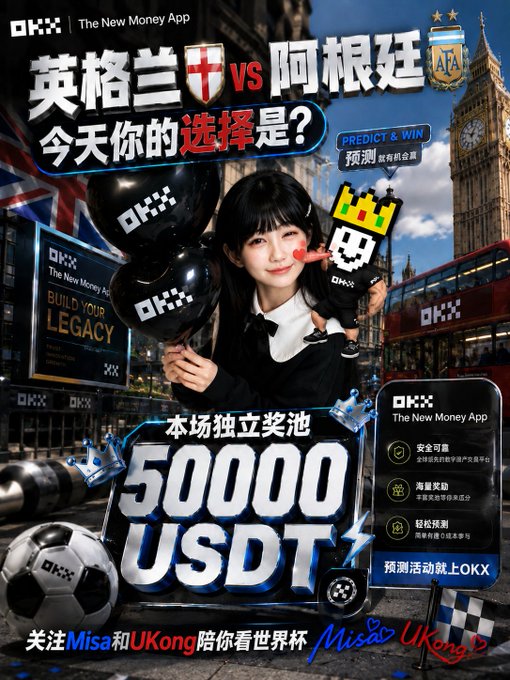 OKX cryptocurrency exchange promotional advertisement in Chinese and English featuring England vs Argentina World Cup prediction contest, a woman holding OKX balloons, and a '50000 USDT' prize pool.