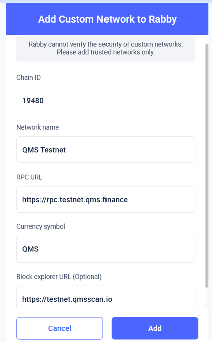 The image displays the Rabby wallet's custom network setup screen for the QMS Testnet, with Chain ID 19480, RPC URL "https://rpc.testnet.qms.finance," currency symbol "QMS," and block explorer "https://testnet.qmsscan.io." This setup form illustrates the practical steps required to connect to QMS Network's quantum-resistant testnet, which the post highlights as a timely solution given that Ethereum won't address post-quantum security until around 2029.