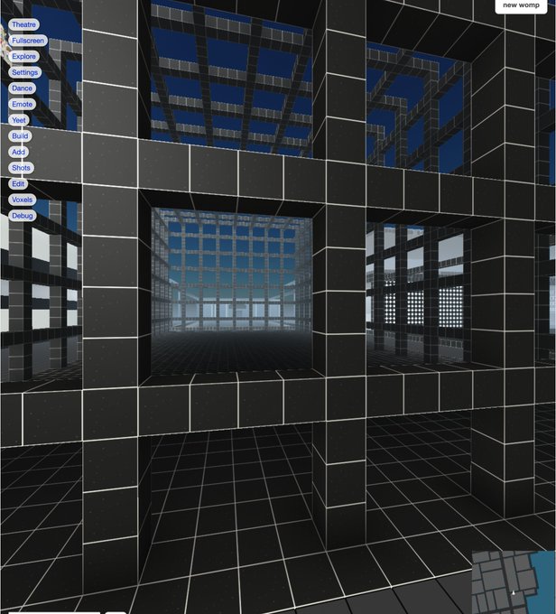 A virtual 3D environment featuring black grid-like architectural structures with a menu panel on the left showing options like Theatre, Fullscreen, Explore, Dance, Emoji, Yveltal, Bulky, Add, Shots, Edit, Voxels, and Debug.