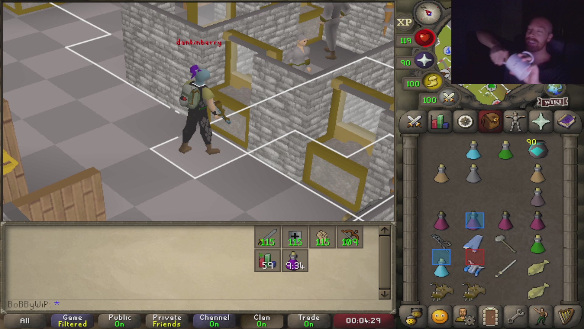 The image shows a video game scene with a man standing next to a brick wall, holding a sword. There are several other people visible in the background as well. The main focus of the image is the man with the sword, who appears to be engaged in an action-packed gaming session. The post that accompanies this image reads: "bobbywip mogs !"ban". This phrase stands out and adds a humorous touch to the scene, suggesting that the player might have made a funny or unexpected move during their gameplay.