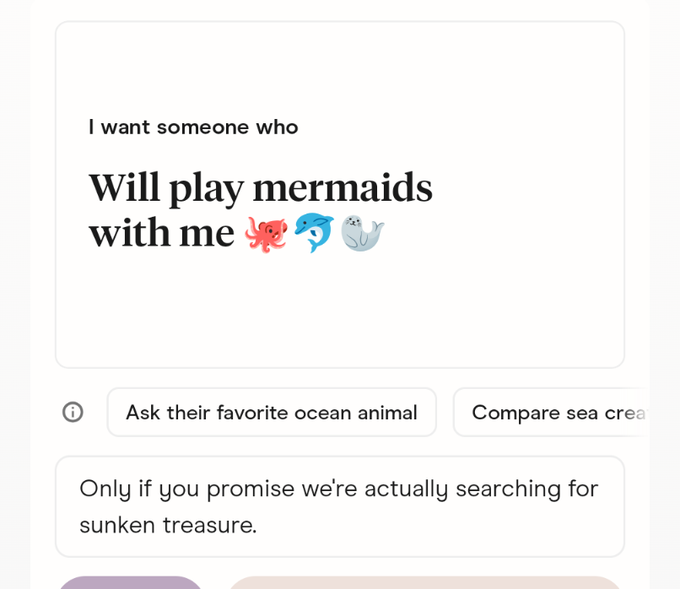 The image shows a screenshot of a dating app's profile page with a message from someone asking if they would like to play mermaids with them. The text includes emojis for mermaids, dolphins, and sea creatures, which adds a playful and fun element to the conversation. The post also mentions that AI is the new code layer and Crypto is the settlement, referring to the rise of digital currency and blockchain technology. It seems like the person who posted this message is trying to create an interesting and engaging conversation by incorporating these terms into their dating profile description.