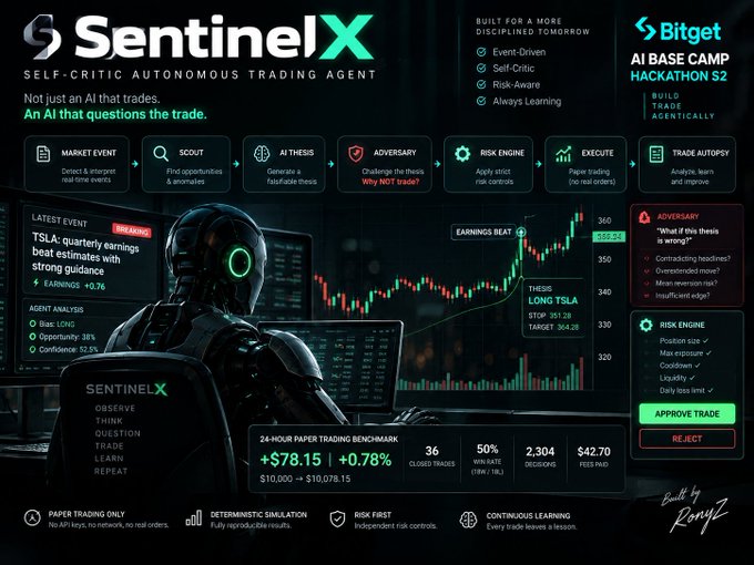 The image showcases SentinelX, a self-critic autonomous trading agent built for the Bitget AI Base Camp Hackathon S2, featuring a futuristic AI interface analyzing TSLA earnings (+0.76%, earnings beat +$78.15, +0.78%) with a 36 closed trades, 50% win rate, and an "APPROVE TRADE" decision based on risk controls and contrarian stress-testing of its own thesis.