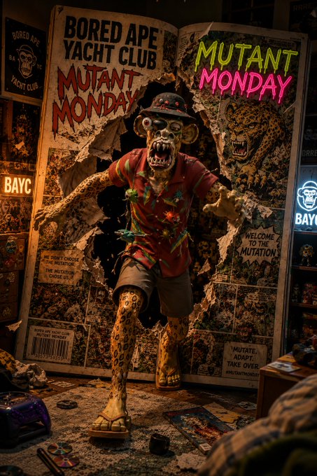 A dramatic promotional image for 'Bored Ape Yacht Club Mutant Monday' featuring a snarling mutant ape in a Hawaiian shirt bursting through comic-book pages, with neon text and various BAYC-themed artwork.
