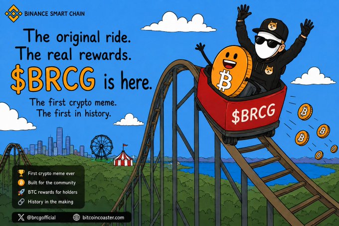 A promotional graphic for $BRCG (Bitcoin Roller Coaster Guy) on the Binance Smart Chain features a mascot in sunglasses riding a roller coaster with Bitcoin coins, advertising it as "The first crypto meme. The first in history" with contact @brcgofficial and website bitcoincoaster.com. The image ties directly to the post's narrative about the original 2013 Bitcoin Roller Coaster Guy meme created by Marcus to capture BTC's volatile price swings, positioning $BRCG as a revival of that foundational piece of crypto history.